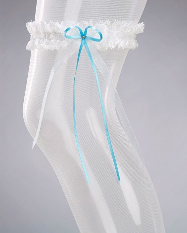 Liguero de novia en encaje blanco con lazo azul