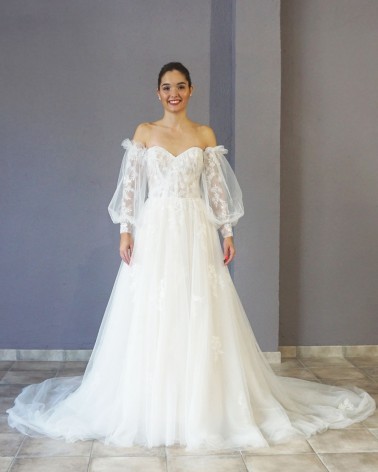 Vestido de Novia Corte A en Tul con Escote Corazón y Bordados Florales