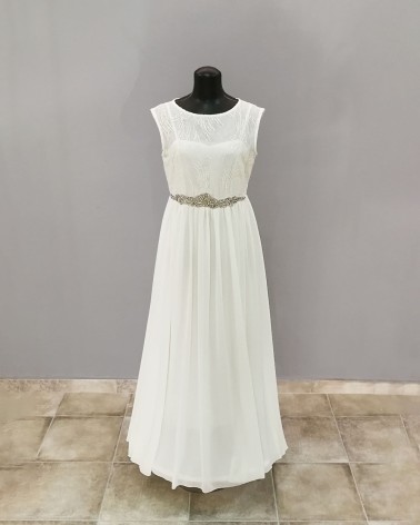 Vestido largo en gasa con cuerpo bordado en dorado