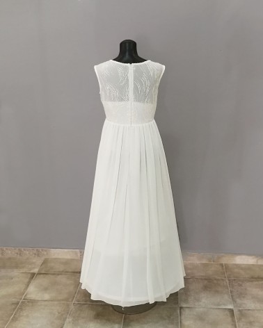 Vestido largo en gasa con cuerpo bordado en dorado