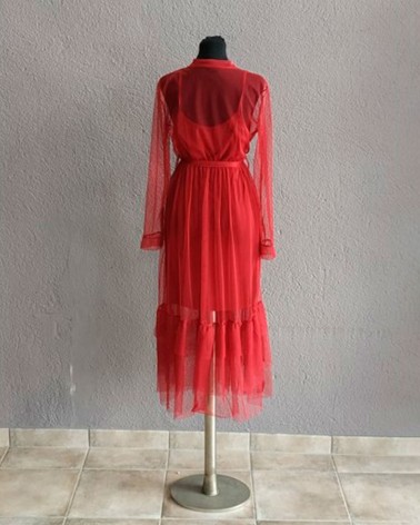 Vestido de Fiesta Largo Granate Manga Larga Transparente