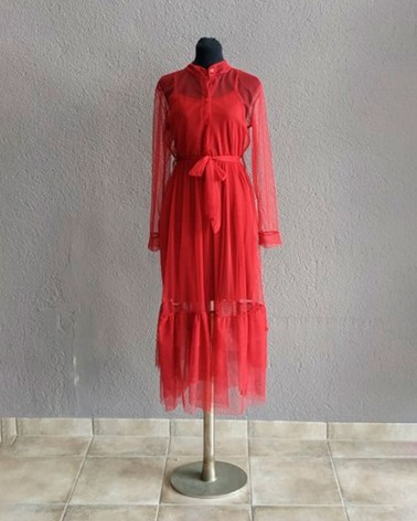 Vestido de Fiesta Largo Granate Manga Larga Transparente