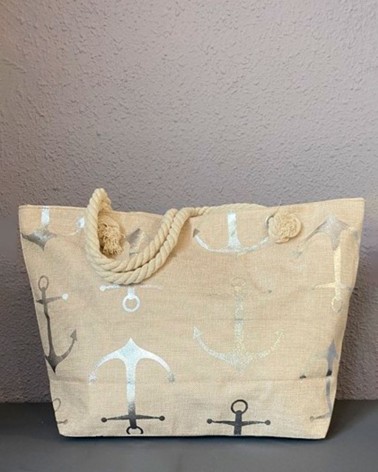 Bolso de playa lino con anclas plateadas y asas de cuerda gruesa