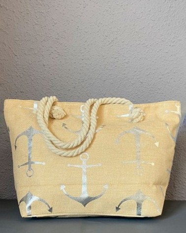 Bolso de playa beige con anclas plateadas y asas de cuerda gruesa