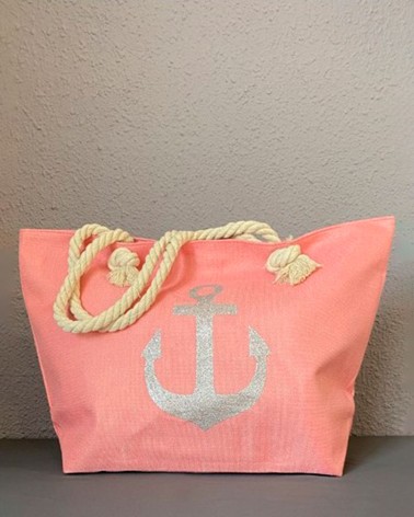 Bolso de playa coral con asa de cuerda y ancla plateada