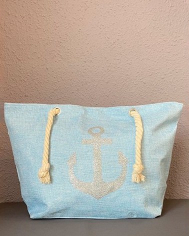 Bolso de playa azul celeste con asa de cuerda y ancla plateada