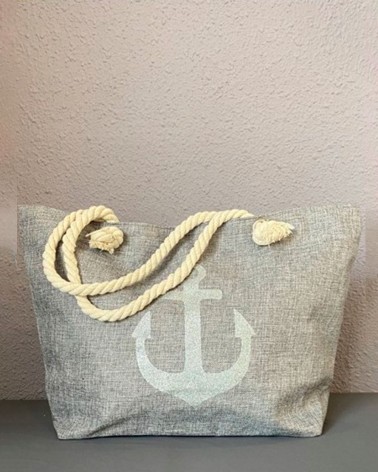 Bolso de playa gris jaspeado con asa de cuerda y ancla plateada
