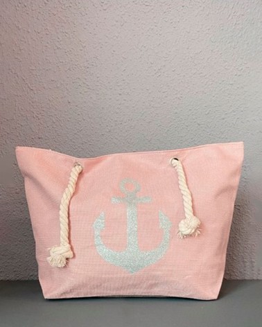 Bolso de playa rosa claro con ancla plateada y asas de cuerda