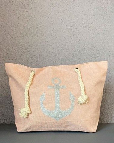Bolso de playa rosa nude con ancla plateada y asas de cuerda