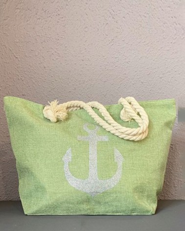 Bolso de playa verde menta con asa de cuerda y ancla plateada