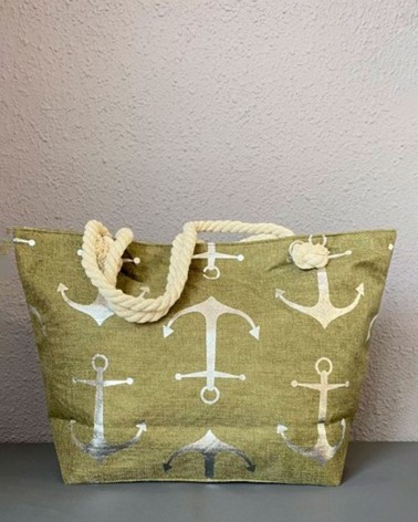 Bolso de playa verde oliva con anclas plateadas y asas de cuerda gruesa