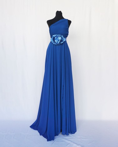 Vestido de fiesta largo asimétrico de un tirante azul eléctrico    LAC14532b