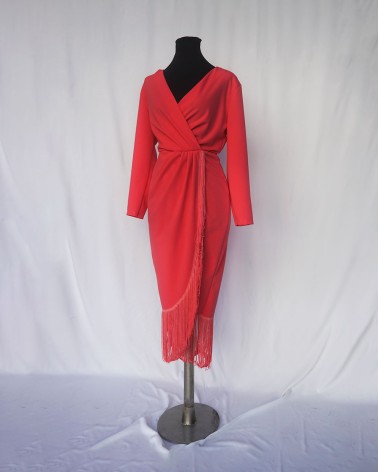 Vestido midi manga larga con escote en V y flecos  LAC01196