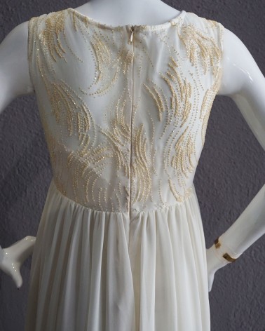 Vestido largo en gasa con cuerpo bordado en dorado