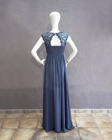 Vestido Largo Fiesta Azul Grisáceo con encaje
