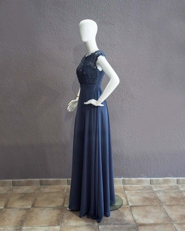 Vestido Largo Fiesta Azul Grisáceo con encaje
