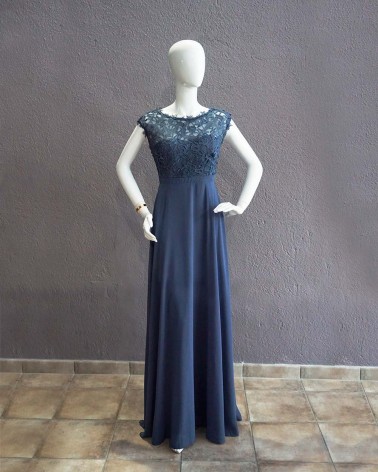 Vestido Largo Fiesta Azul Grisáceo con encaje