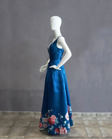 Vestido Fiesta Largo azul marino con motivos florales