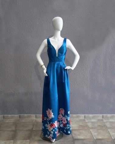 Vestido Fiesta Largo azul marino con motivos florales