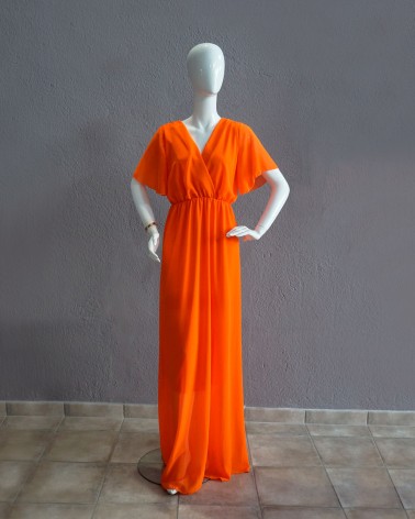 Vestido largo naranja escote en uve cruzado