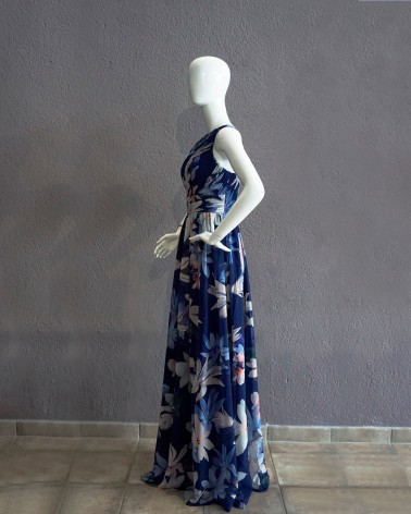 Vestido Largo Fiesta con estampado floral azul