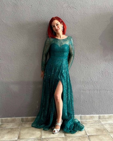 Vestido Fiesta Largo Verde con manga larga y brillos