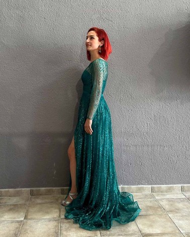 Vestido Fiesta Largo Verde con manga larga y brillos