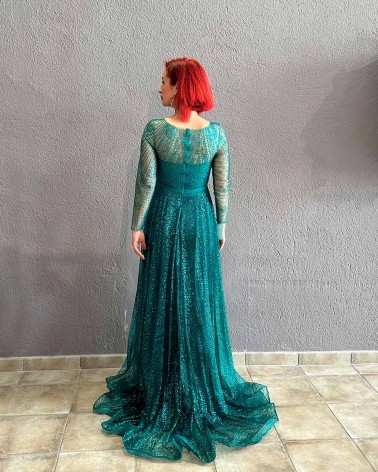 Vestido Fiesta Largo Verde con manga larga y brillos