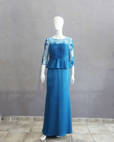 Vestido largo de fiesta tul y pedrería azul