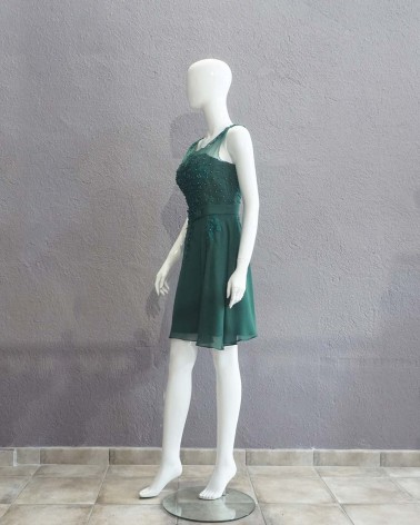 Vestido Corto de Invitada Verde Botella con Pedrerías