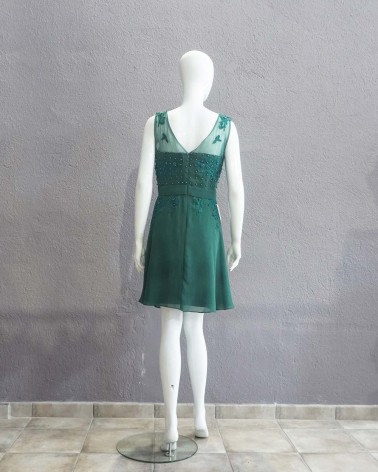 Vestido Corto de Invitada Verde Botella con Pedrerías