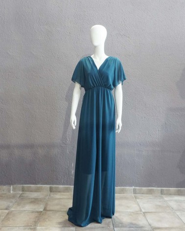 Vestido largo de gasa azul petróleo escote en uve cruzado