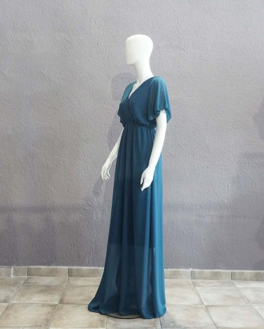 Vestido largo de gasa azul petróleo escote en uve cruzado