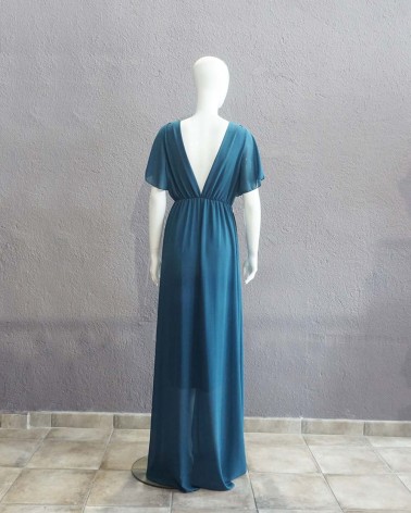 Vestido largo de gasa azul petróleo escote en uve cruzado