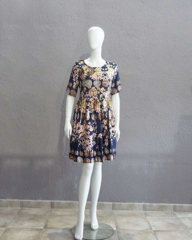 Vestido estampado floral y monedas corto en fondo azul marino