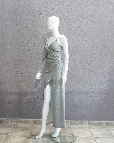Vestido largo de fiesta asimétrico plateado con purpurina