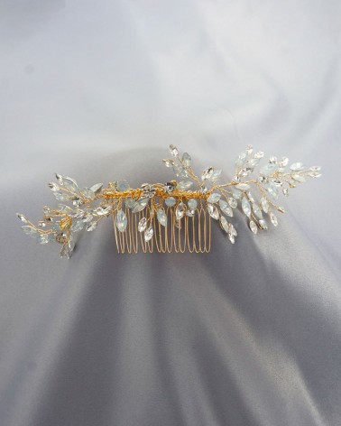 Peineta de novia Dorada con Cristales Iridiscentes en Forma de Hojas