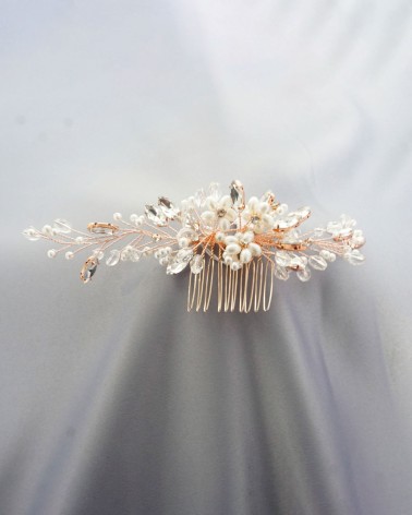 Peineta de Novia Dorada con Flores Perlas y Cristal