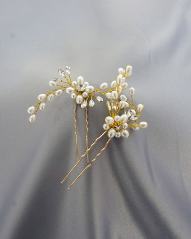 Horquillas de novia Doradas con decoración de perlas y cristales