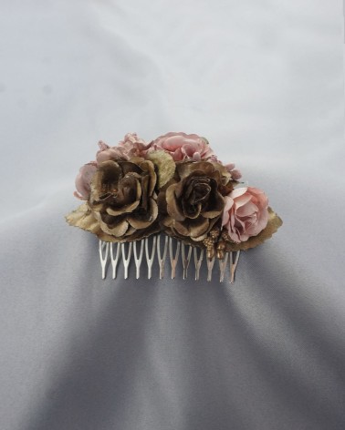 Peineta de novia Floral Vintage en Tonos Tierra y Rosa Empolvado
