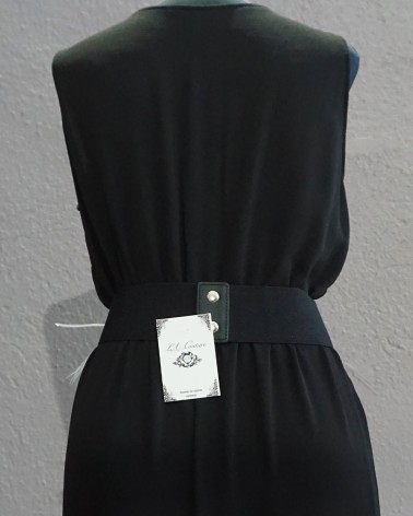 Cinturón elástico negro con aplique floral multicolor y plumas gris perla