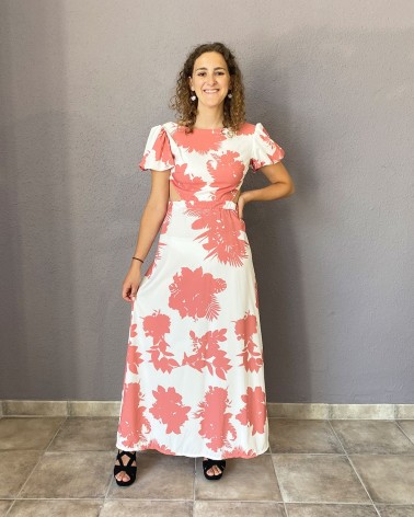 Vestido largo estampado floral coral de manga corta y espalda cruzada