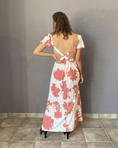 Vestido largo estampado floral coral de manga corta y espalda cruzada
