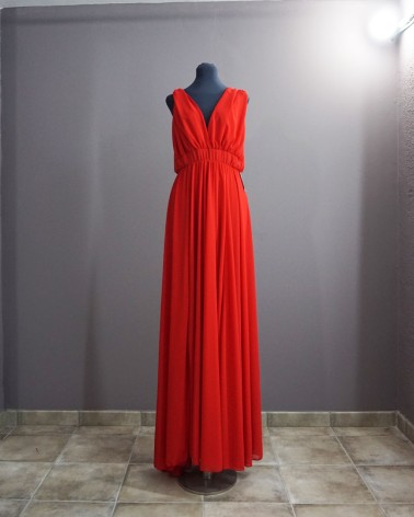 Vestido de fiesta largo escote pico tirante ancho de gasa color rojo     LAC3689e