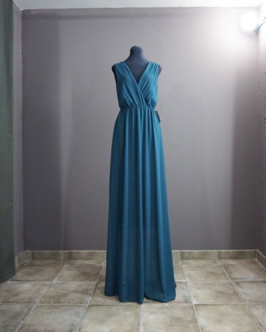 Vestido de fiesta largo escote pico tirante ancho de gasa color Azul   LAC3689d