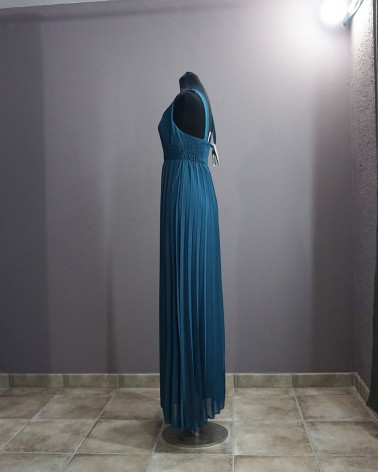 Vestido de fiesta largo escote pico tirante ancho de gasa color azul oscuro