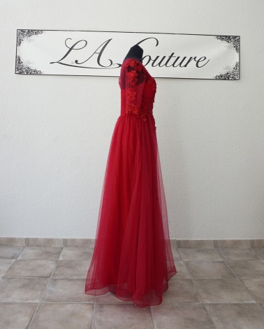 Vestido de Fiesta Largo rojo de tul con encajes y apliques florales