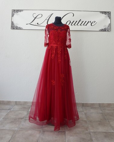 Vestido de Fiesta Largo rojo de tul con encajes y apliques florales