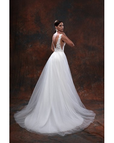Vestido de Novia Corto escote Pico con Sobre Falda de Tul línea A