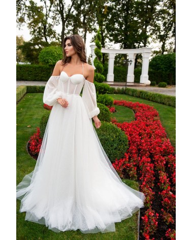 Vestido de novia de tul con brillantina corsé y mangas extraíbles